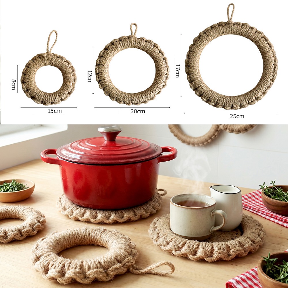 Dosa Pan Iron - 2個入り素朴なジュート織りトリベット、ボヘミアン風ホットパッド、厚手耐熱丸型ロープポットホルダー、鋳鉄製フライパン、テーブルデコレーション用