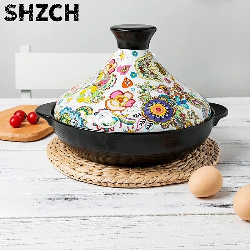 Tagine Clay Pot - 2L セラミックタジン土鍋、耐熱ガスコンロ用肉料理用スープ調理鍋