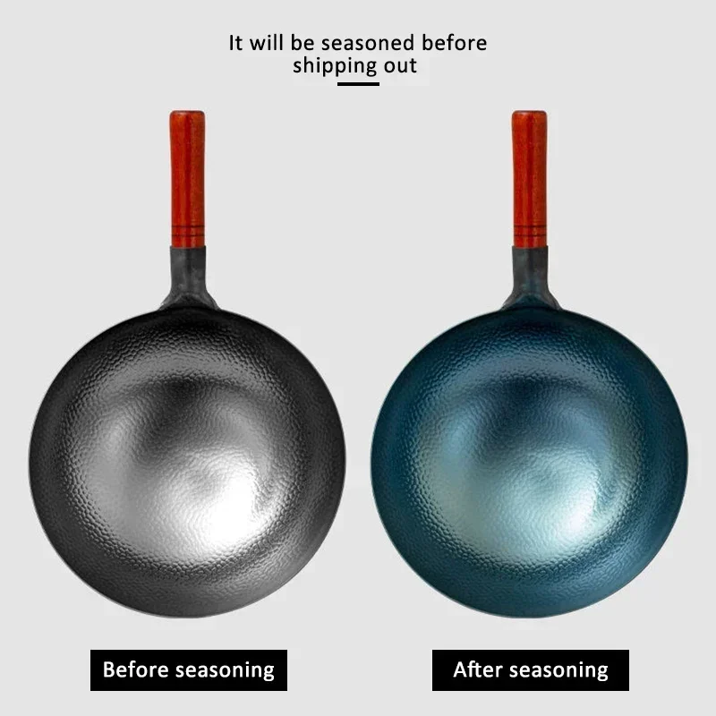 Dosa Pan Iron - 伝統的な手作りの鉄製中華鍋、本物のハンマーで鍛造された伝統的な炭素鋼中華鍋、木製とスチール製の補助ハンドル付き、丸底